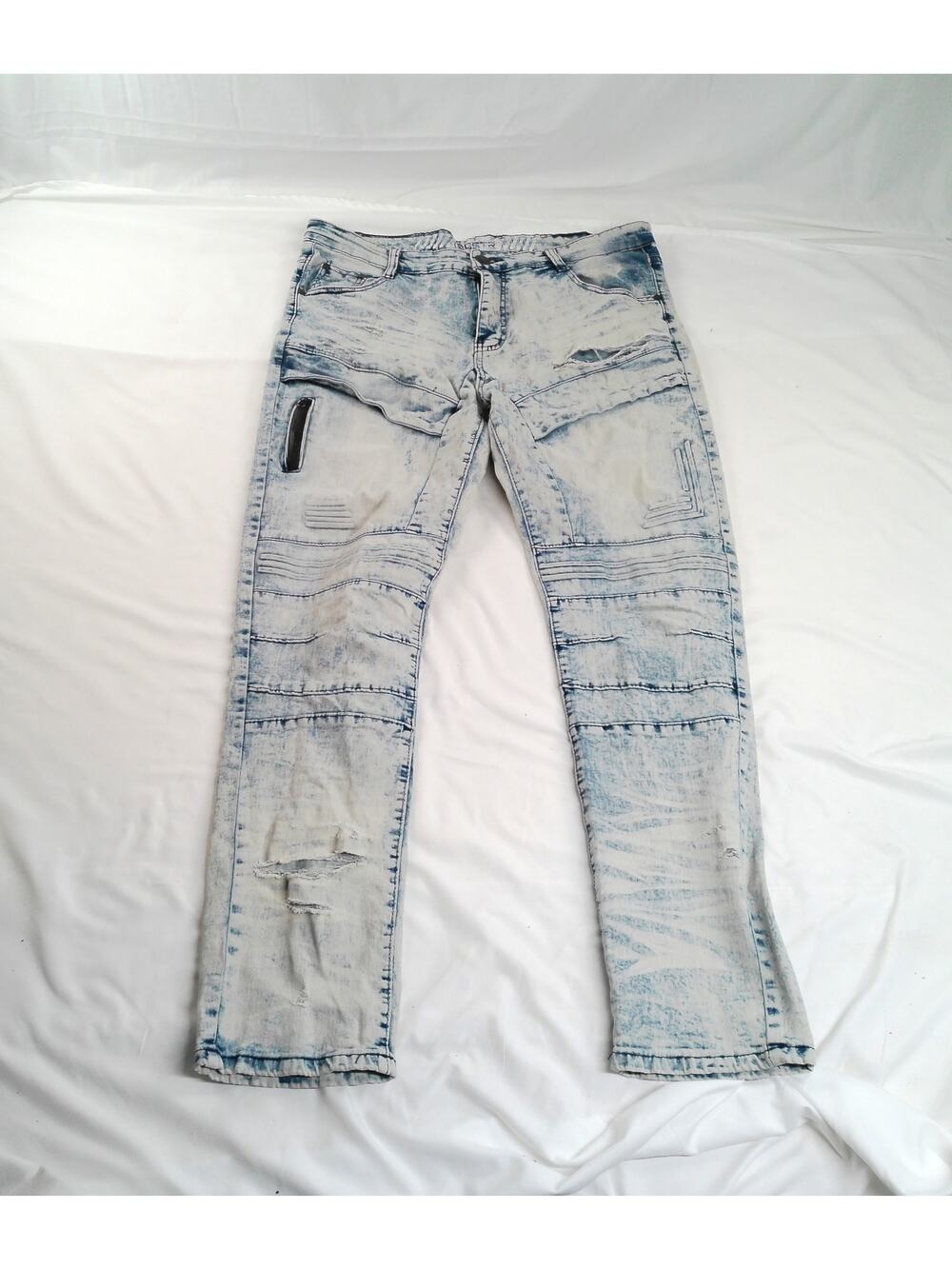 GSTR Men's Moto Jeans Acid Wash Distressed Biker Denim Pants Size 36